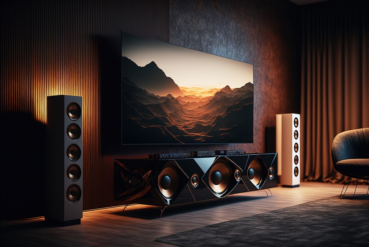 Big TV wall screen in modern living room, television set in luxu